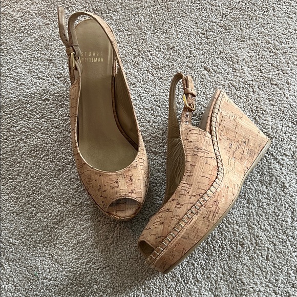 Stuart Weitzman Cork Wedge ls Peep-Toe Sandals size 2 wedges sling backs shoes - Picture 1 of 7